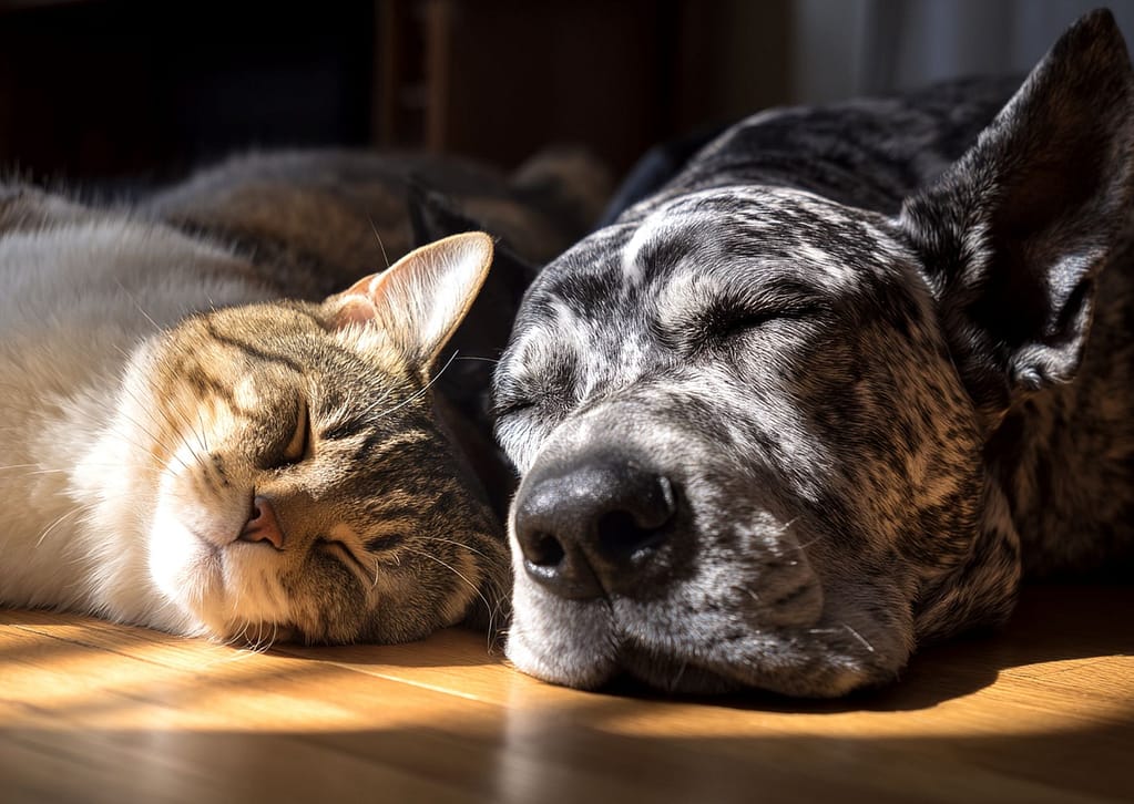 Slapende hond en kat op grond